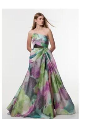 Karen Millen Strapless Floral Gown in Green & Purple